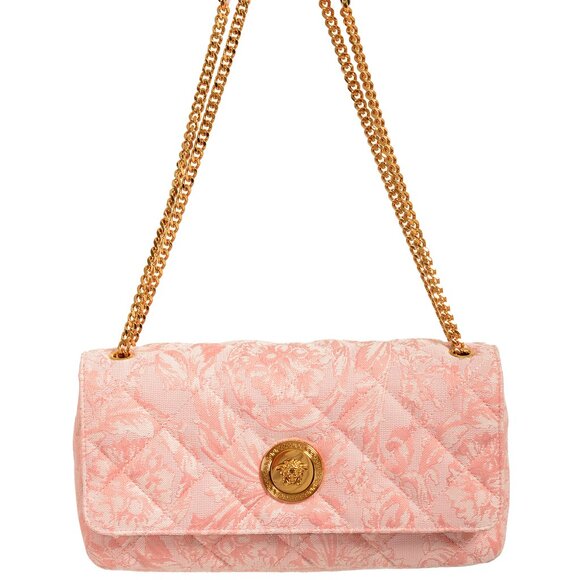 Versace Women's Pink Jacquard Gold Medusa Quilted Handbag Shoulder Bag - Picture 1 of 8